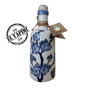 Kiraz Çiçeği Motifli El Yapımı Seramik Şişe Erken Hasat Zeytinyağı - 600 ml
