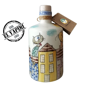 Neşeli Kediler El Yapımı Seramik Şişe Erken Hasat Zeytinyağı - 600 ml